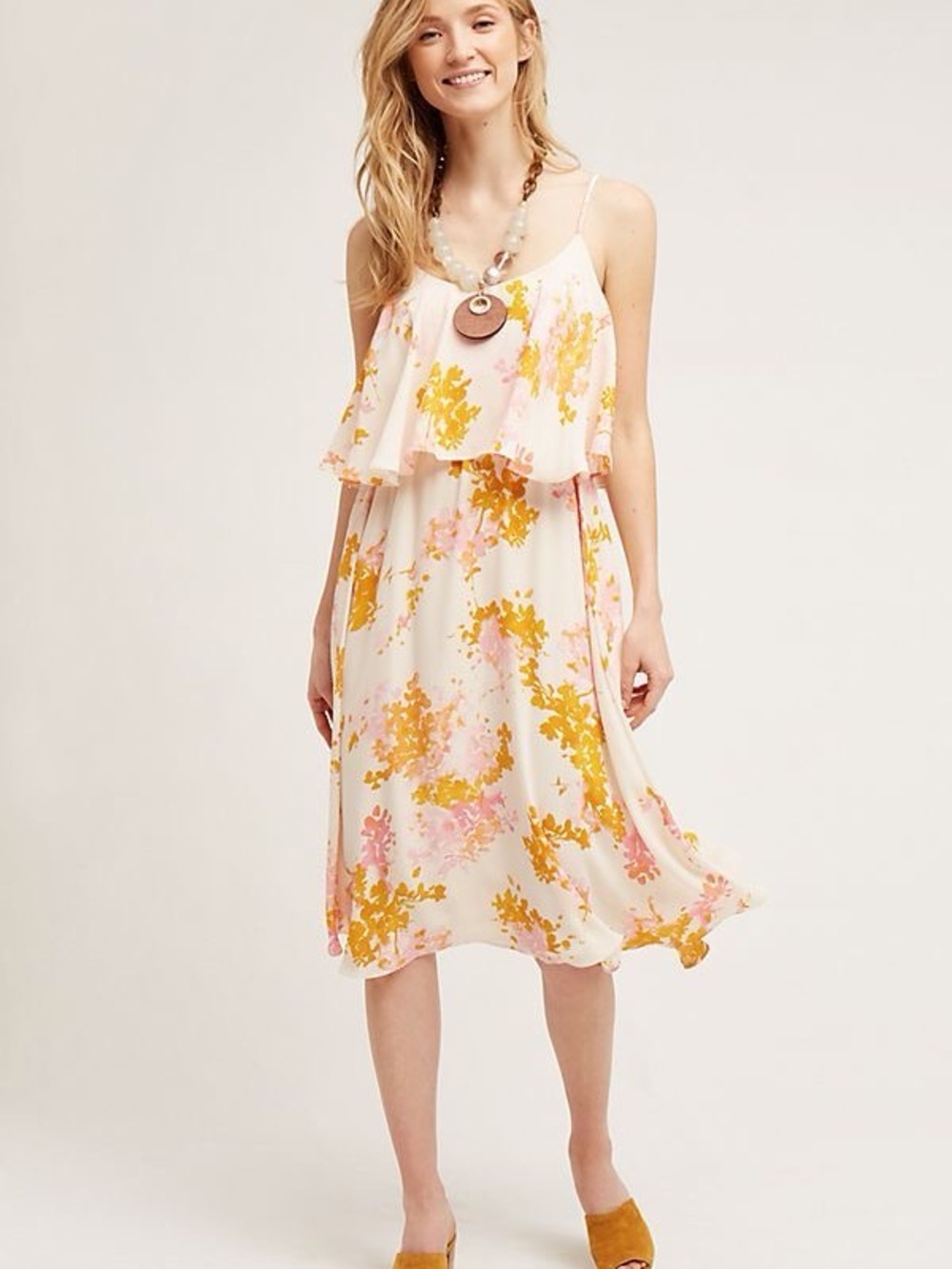 Anthropologie Pink & Yellow Floral Ruffle Midi Dress